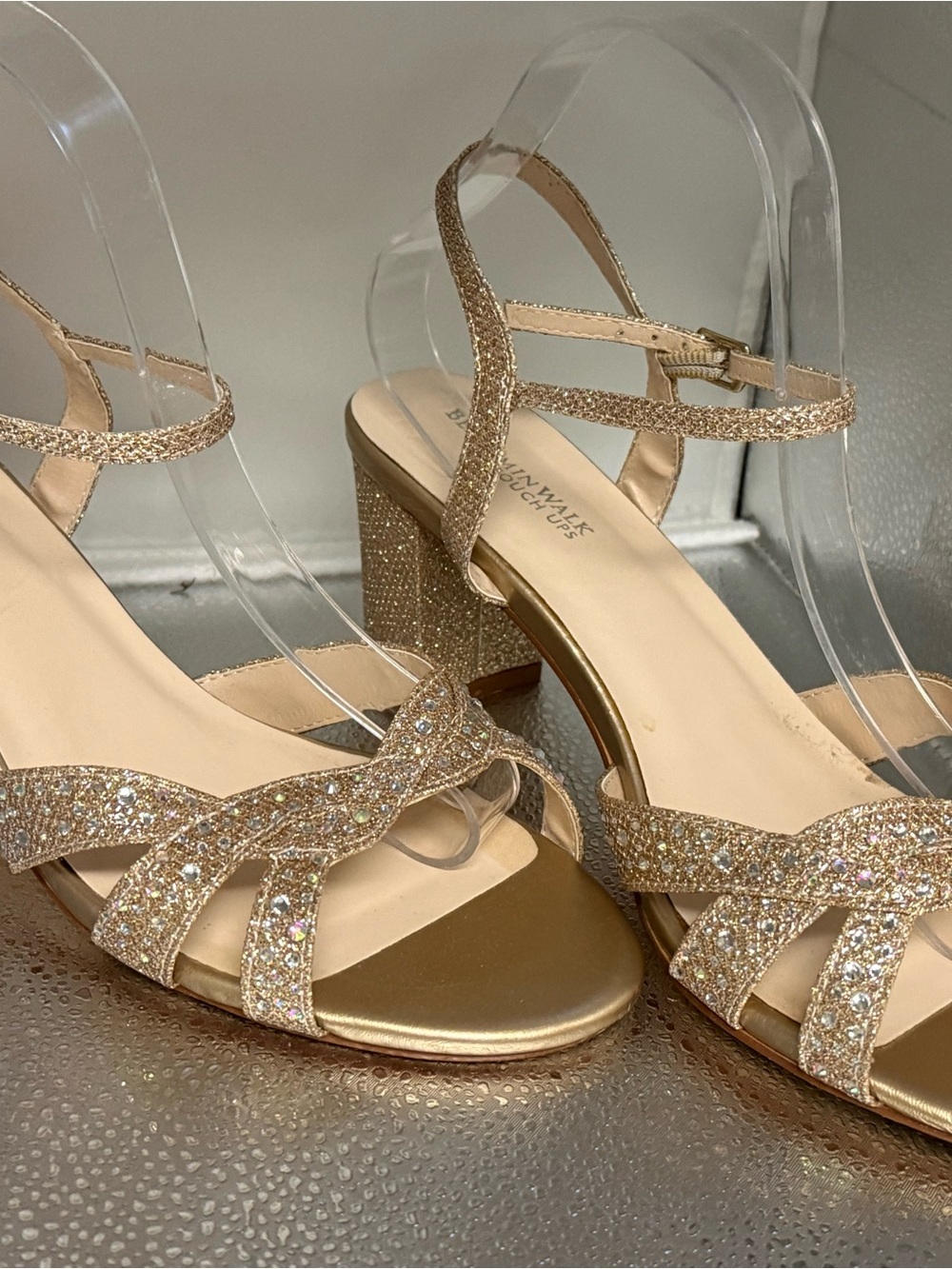 Glittery Gold Block-Heel Sandals with Ankle Strap
